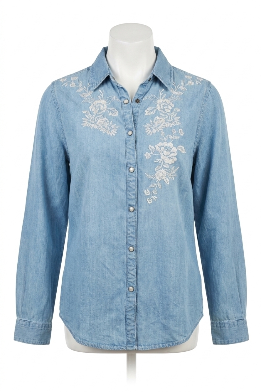 NEW PAPARAZZI tencel embroidered long sleeve shirt in light wash